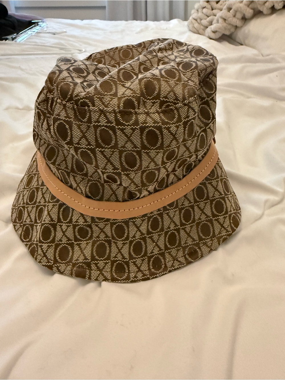 XOXO Brown Monogram Bucket Hat with Tan Band